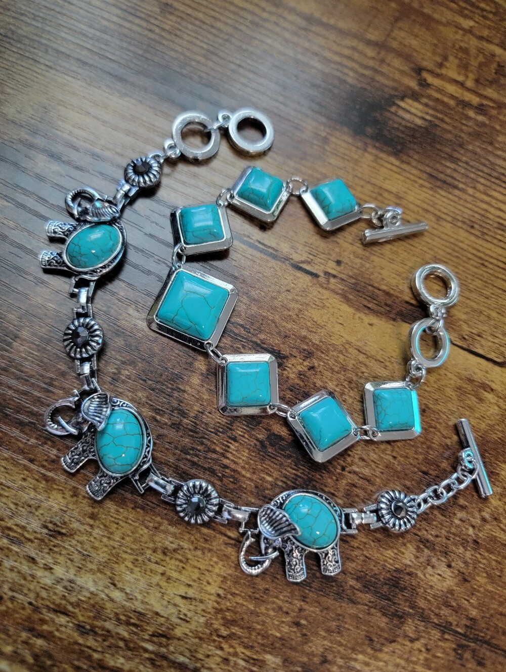 Faux Turquoise Stone Elephant & Square Link Bracelet Set - Silver Tone